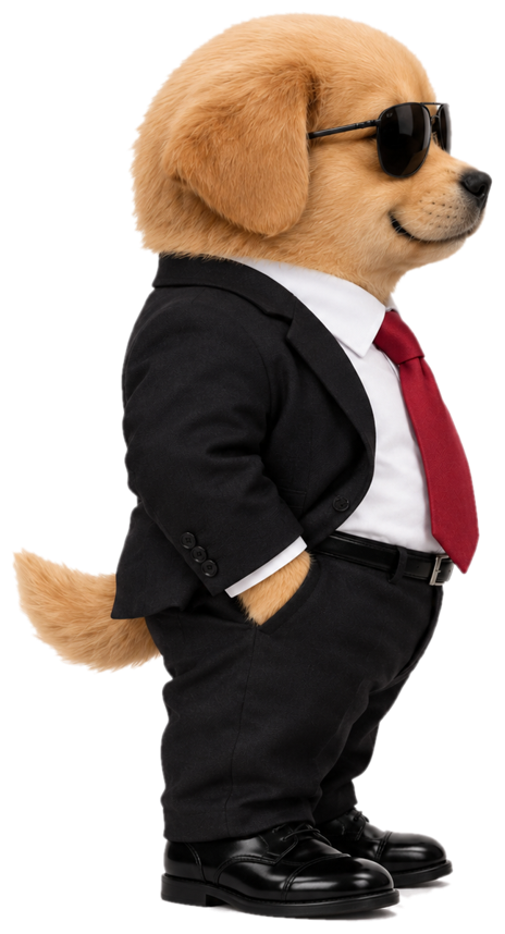 Maverick standing in profile, hands in pockets, wearing a black suit, red tie and sunglasses